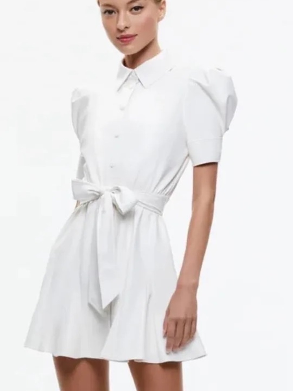 White Short Sleeve Tie-Waist Shirt Dress